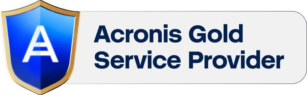 Acronis Gold Service Provider badge with a blue shield emblem on the left and the text 'Acronis Gold Service Provider' on a gray rounded banner.