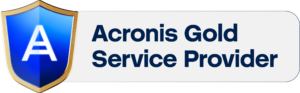 Acronis Gold Service Provider badge with a blue shield emblem on the left and the text 'Acronis Gold Service Provider' on a gray rounded banner.